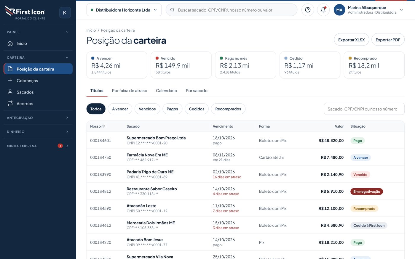 Posição da carteira no portal do cliente